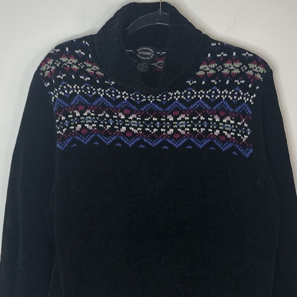 Vintage Designers Originals Studio Turtleneck Sweater Sz XL Black Chenille 1990s